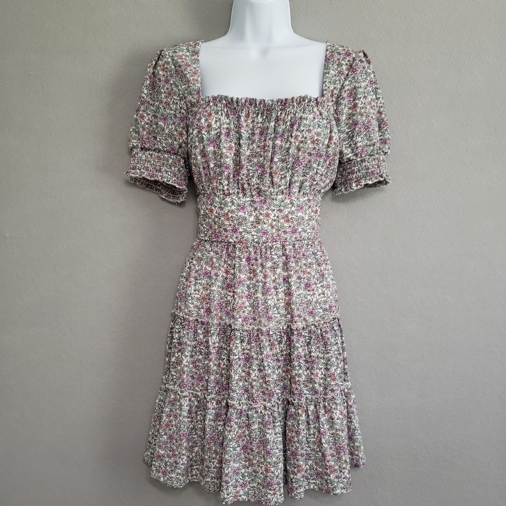 Row A XL Mini Dress White Floral Smocked Puff Sleeve Tiered Cottagecore Romantic
